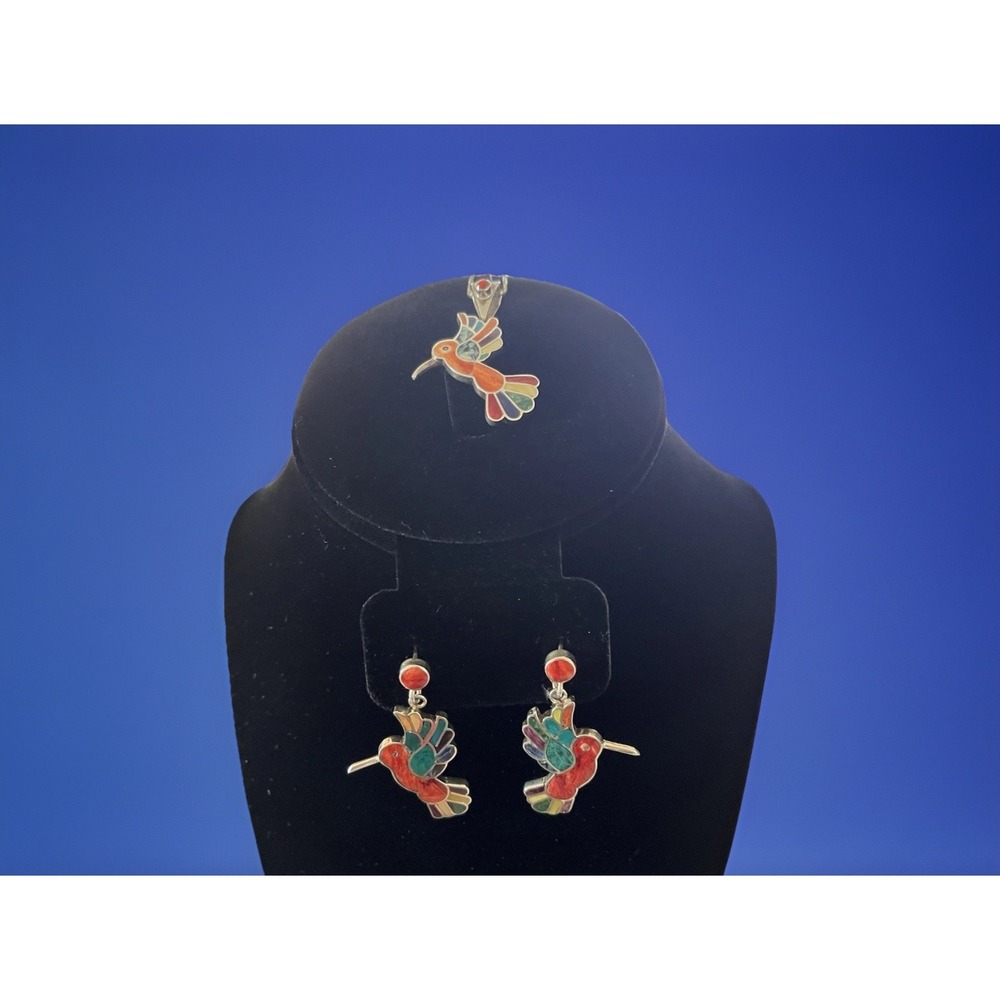 Hummingbird Earrings & Pendant Set UH Mosaic Jewelry Sterling Silver‎ 950 Peru
